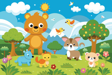 Naklejka premium Colorful baby animals frolic in a vibrant landscape filled with trees, flowers, and cheerful clouds under a sunny sky