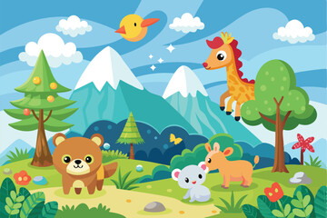 Naklejka premium Adorable baby animals frolic in a vibrant landscape filled with trees, mountains, and fluffy clouds beneath a cheerful blue sky