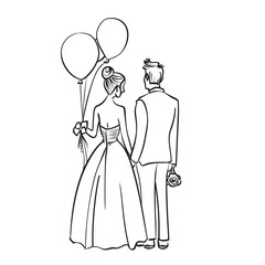 Minimalistic doodle of a bridal couple holding balloons.

