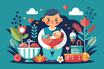 Naklejka premium A joyful parent embraces a newborn in a vibrant nursery, surrounded by colorful flowers, plants, and playful nursery items, celebrating the beauty of new life