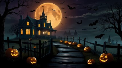 an enchanting Halloween scene with a haunted house on a hill, glowing jack-o'-lanterns, twisted trees, playful ghosts, a full moon, a witch on a broomstick, and eerie yet vibrant colors