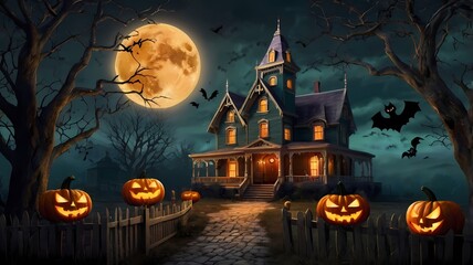 an enchanting Halloween scene with a haunted house on a hill, glowing jack-o'-lanterns, twisted trees, playful ghosts, a full moon, a witch on a broomstick, and eerie yet vibrant colors