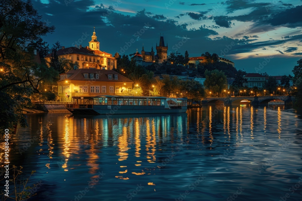 Poster a peaceful nighttime scene featuring a small boat floating on a calm lake, with the surrounding dark