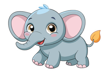 Obraz premium A cute cartoon baby elephant with big eyes and a cheerful smile stands on a white background, showcasing its playful demeanor and vibrant features