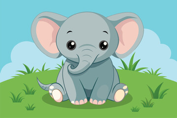 Naklejka premium A baby elephant enjoys sitting on the grassy ground, surrounded by a peaceful environment under a bright blue sky