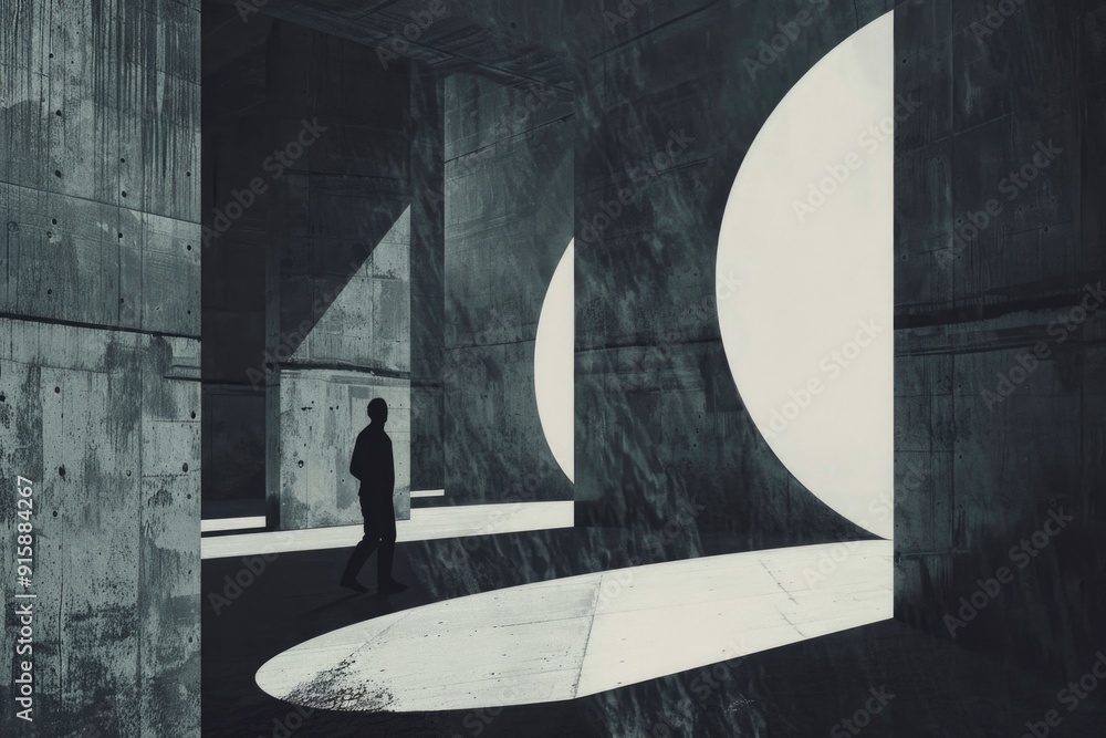 Poster A person stands in a room with several circular windows, providing a unique view