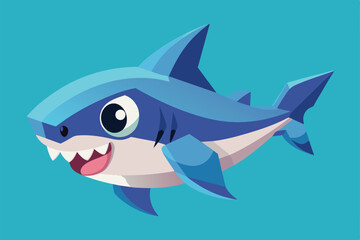Obraz premium A playful blue shark with large eyes swims happily through vibrant turquoise waters, showcasing an engaging and colorful design