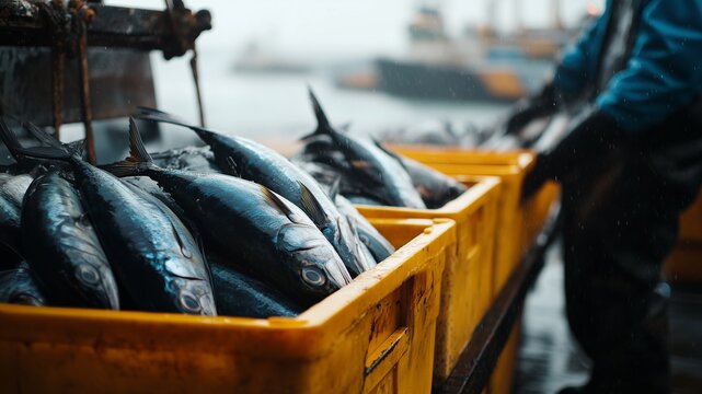 Offloading fresh caught Tuna fishes at harbor. Slight motion blur. Northern ocean fishery, fishing industry