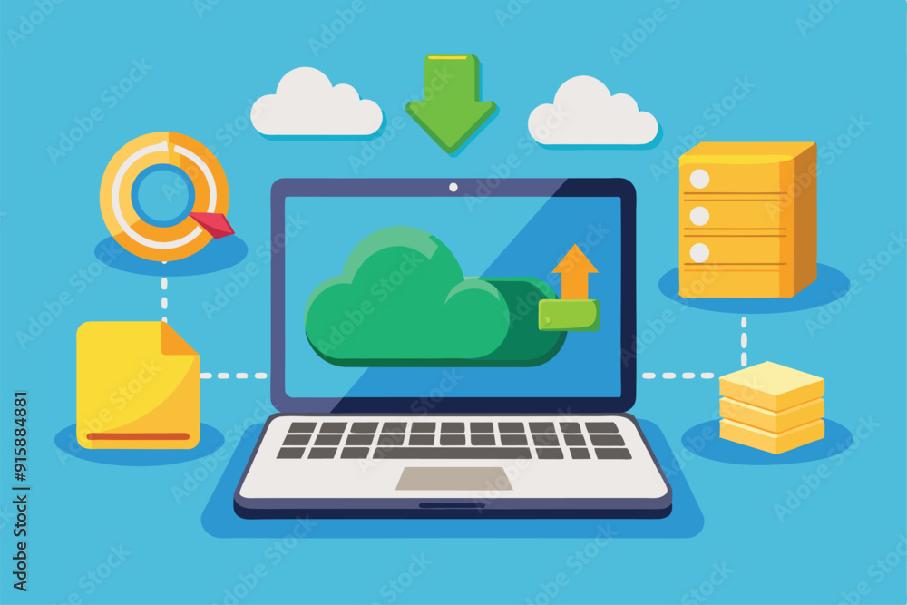 Poster a laptop displays cloud storage icons while backing up files, illustrating a secure data management 