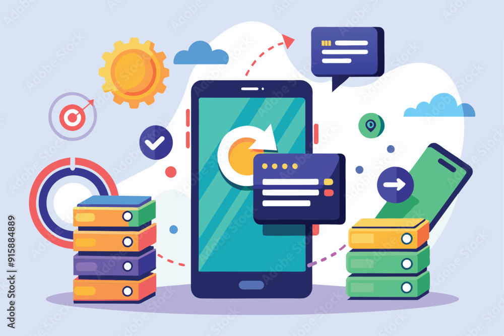 Poster a smartphone displays backup data options while various icons suggest data management and security p