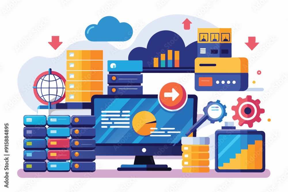 Poster visual representation of digital backup systems and big data analysis tools showcasing technology in