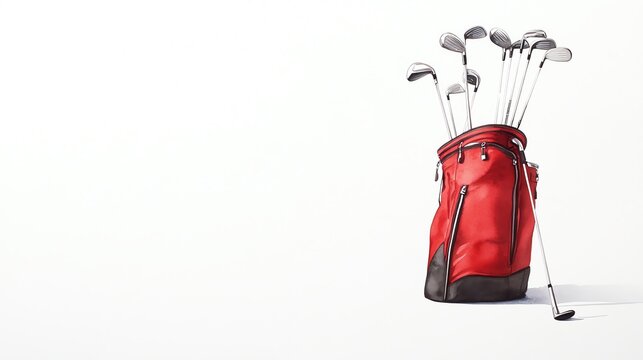 Watercolor illustration of a golf bag with clubs on a green.