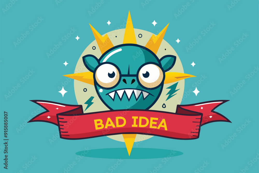 Poster a quirky cartoon character expressing a bad idea, surrounded by vibrant colors and energetic element
