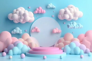 Colorful podium setup with soft clouds and pastel scenery