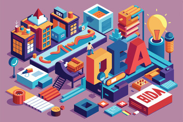 Fototapeta premium A vibrant isometric illustration showcasing a lively urban environment filled with diverse buildings, pathways, and engaging activities in a colorful layout