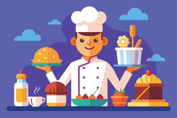 A baker showcases a variety of desserts and dishes, displaying his culinary skills in a colorful kitchen environment, promoting creativity and customization