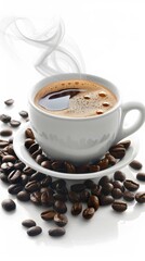 A steaming cup of coffee sits atop a saucer with coffee beans scattered around