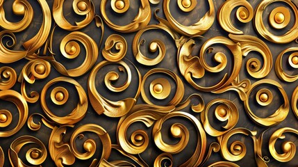 Fototapeta premium A close-up of a golden, textured, swirling pattern on a dark background. The intricate details create a luxurious and elegant feel.