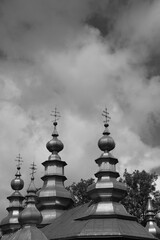 five towers with Orthodox crosses of the Orthodox church of St. Michael the Archangel in Turzańsk...