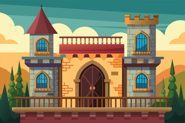 A beautifully designed castle featuring a balcony, set against a backdrop of rolling hills and trees, showcasing its unique architecture and colors