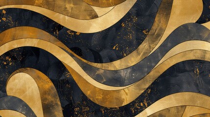 Obraz premium Abstract background with black and gold wavy lines with gold glitter.
