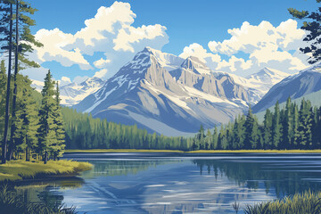 Serene mountain lake reflecting snow-capped peaks.