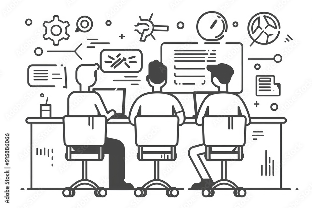 Poster two individuals working together at a desk with laptops
