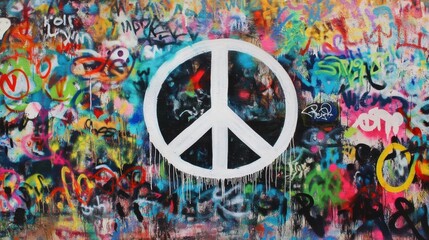 White Peace Symbol on Colorful Graffiti Wall
