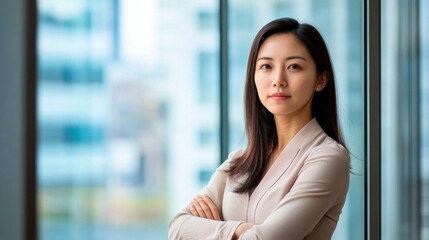 A business woman at the window of a high-rise building, arms crossed, looks into the distance, illuminated by bright daylight.