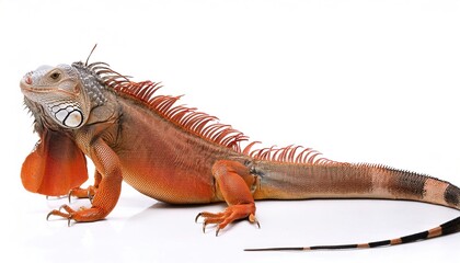Obraz premium common green - orange phase - American iguana - Iguana iguana - is a large, arboreal, mostly herbivorous species of lizard Isolated on white background. Nuisance invasive species in South Florida.