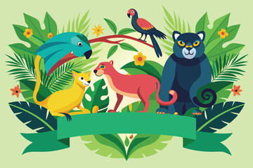 Obraz premium A colorful display showcases a parrot, lemur, panther, and frog surrounded by vibrant green foliage in a lively tropical environment