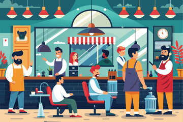Clients receive haircuts while barbers interact in a lively barbershop showcasing a welcoming atmosphere and professional service
