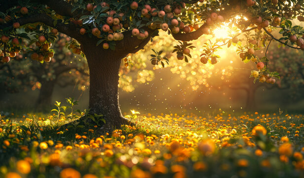 A tree with many apples on it is in a field of yellow flowers. The sun is shining brightly on the tree and the flowers, creating a warm and inviting atmosphere