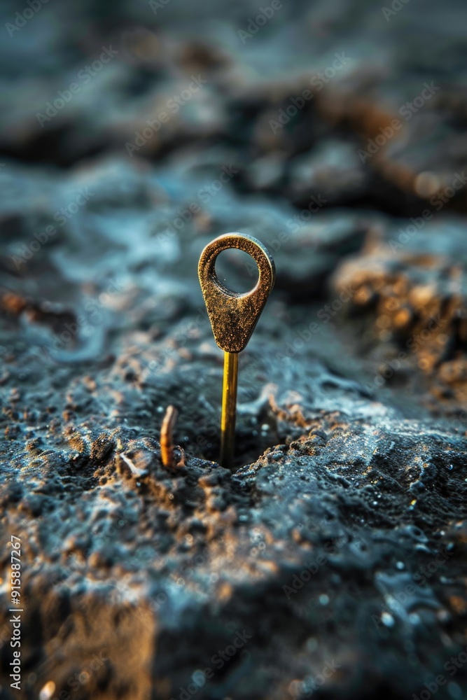 Poster a single key stuck in the middle of a rock, potentially lost or abandoned