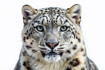 Majestic snow leopard with soft, fur-textured coat and piercing eyes, set against a crisp white background, illustrated in intricate vector detail.