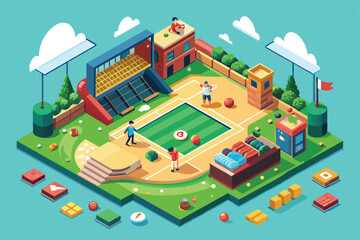 Players take part in baseball activities on a vibrant, customizable isometric field under a clear blue sky, surrounded by well-maintained landscaping