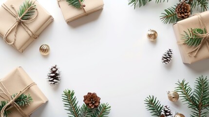 Holiday arrangement: handmade gift box, mini tree, branches, DIY decor on white background. New Year theme. Home seasonal decoration flat lay, top view, blank space.