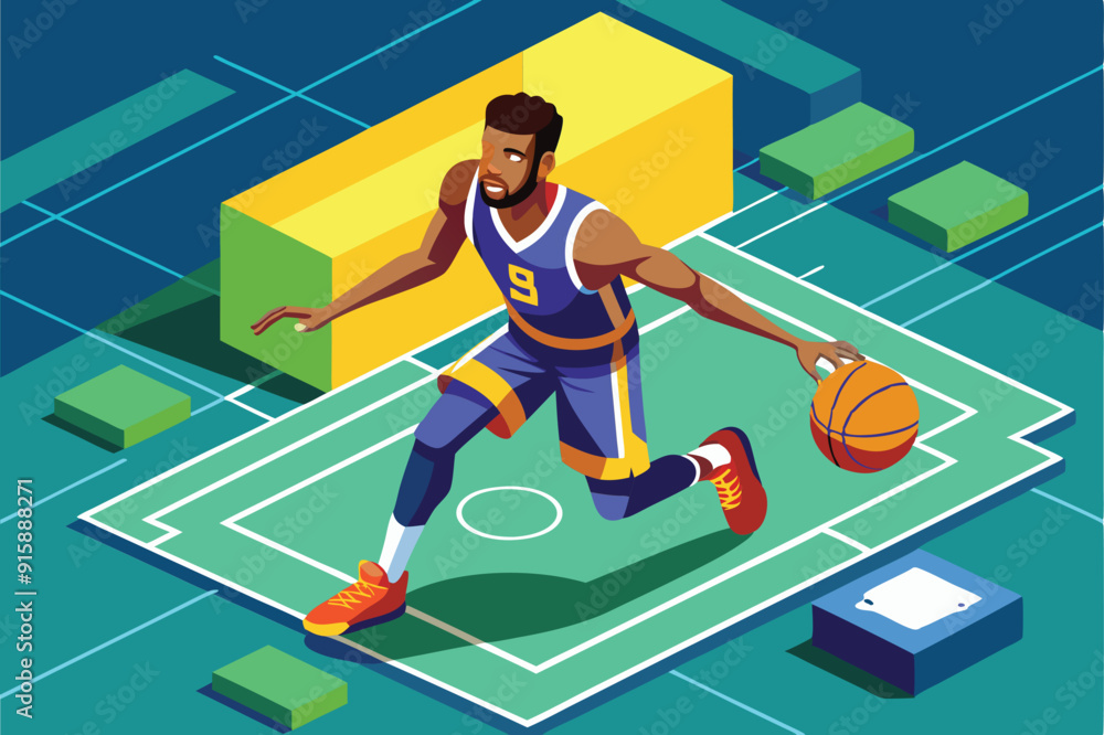 Poster a basketball player skillfully dribbles a ball while navigating a vibrant court filled with colorful