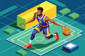 A basketball player skillfully dribbles a ball while navigating a vibrant court filled with colorful blocks during an engaging practice session