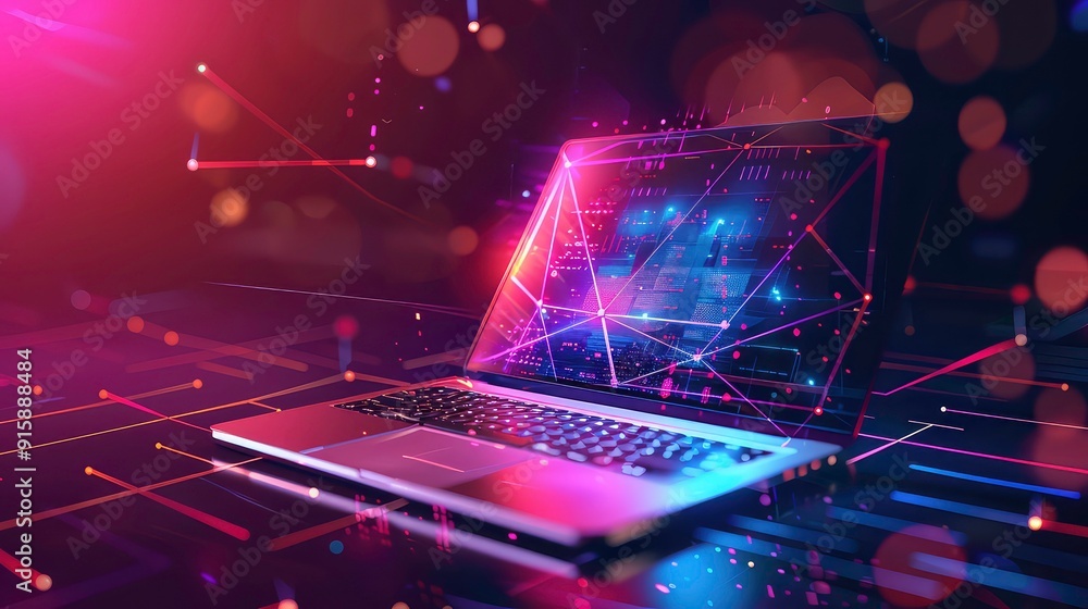 Canvas Prints a silver laptop with a glowing screen is shown on a dark background with colorful lines and blurred 