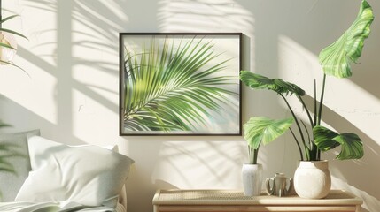 Framed poster and potted tropical leaf plant on table; lifestyle decor
