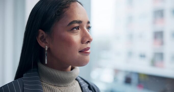 Business woman, thinking and window in office for vision, idea or reflection for decision at job. Manager, entrepreneur and insight in workplace for choice, memory or view by glass for perspective