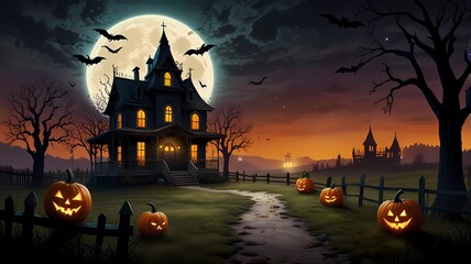 an enchanting Halloween scene with a haunted house on a hill, glowing jack-o'-lanterns, twisted trees, playful ghosts, a full moon, a witch on a broomstick, and eerie yet vibrant colors