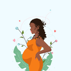 Beautiful pregnant black woman, orange dress, pink lips in flowers, leaves, hearts on blue background for posters, banners, icons, webs