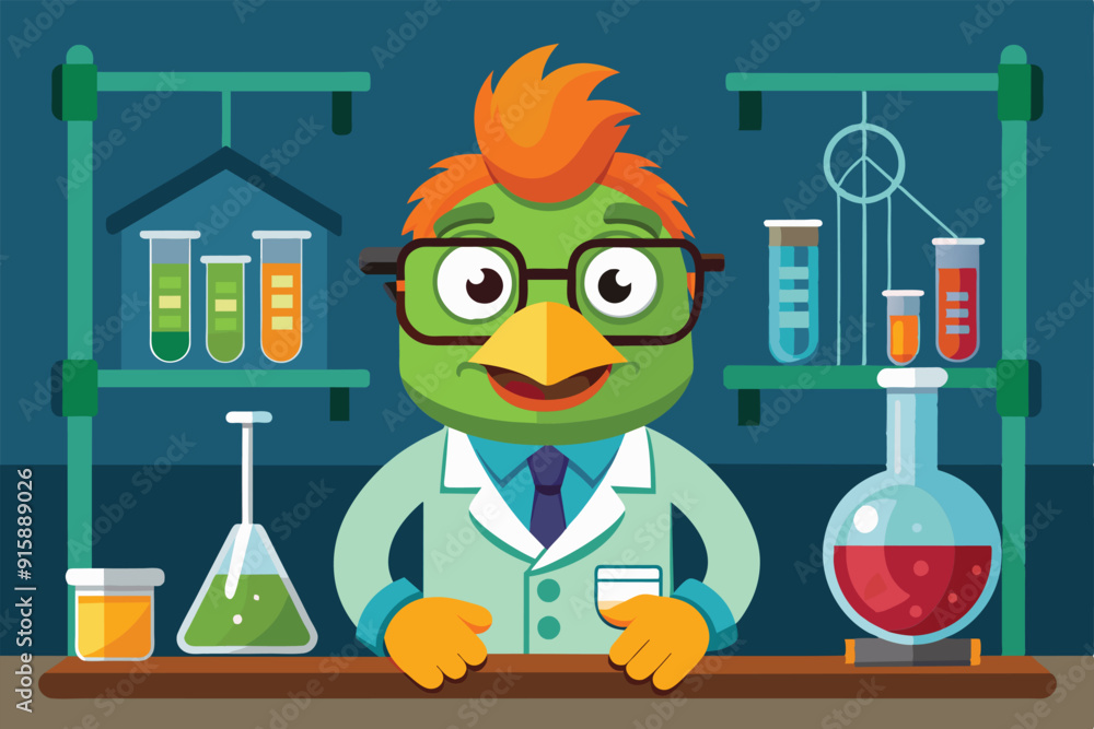 Poster a cheerful cartoon character in a lab coat conducts experiments using colorful beakers and test tube
