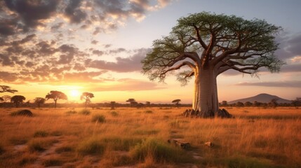 Fototapeta premium Baobab Tree Silhouette at Sunset in the African Savanna
