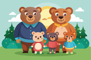 Naklejka premium A cheerful bear family stands together in a vibrant forest, smiling and enjoying a sunny day filled with love and joy