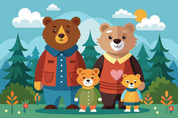 Naklejka premium A joyful bear family stands together in a vibrant forest, surrounded by trees and flowers, embracing a beautiful day in nature