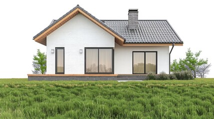 Obraz premium A small white house sits atop a lush green field, perfect for a countryside scene or rural landscape