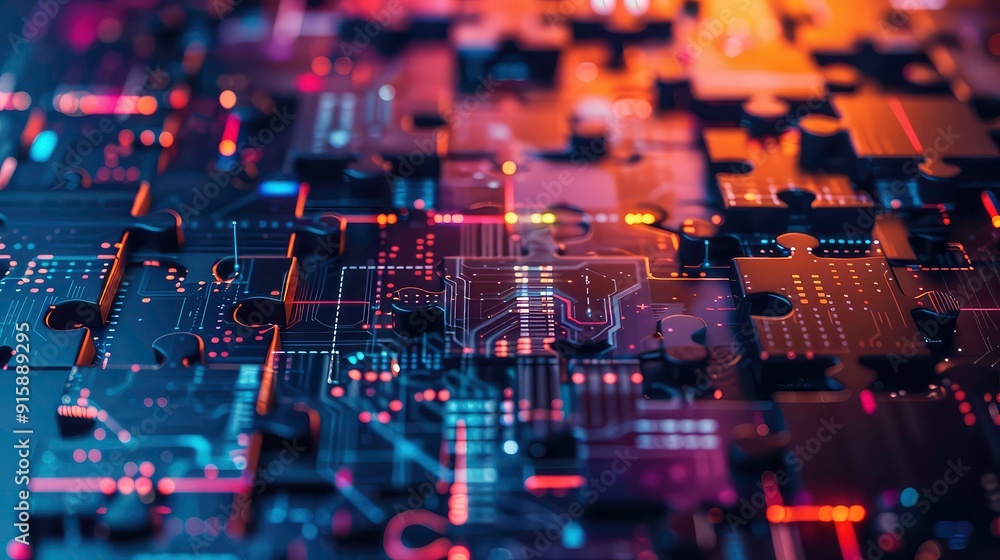 Poster a close-up of a puzzle with a circuit board design, illuminated with warm and cool colors.